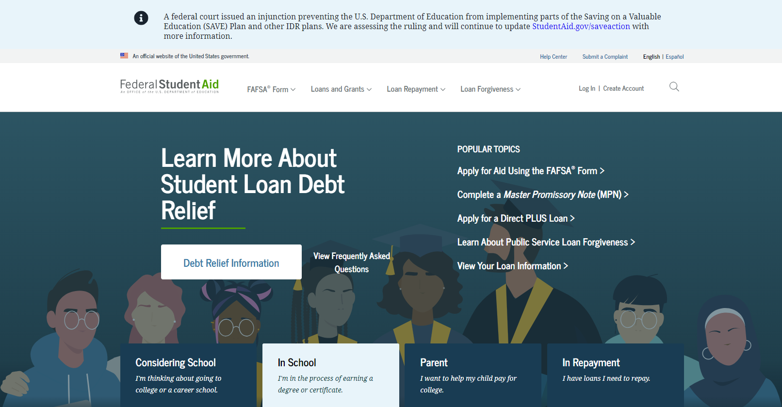 Landing page of the Federal Student Aid website, featuring navigation menus, a search bar, and sections on applying for aid, managing loans, and learning about different aid types.
