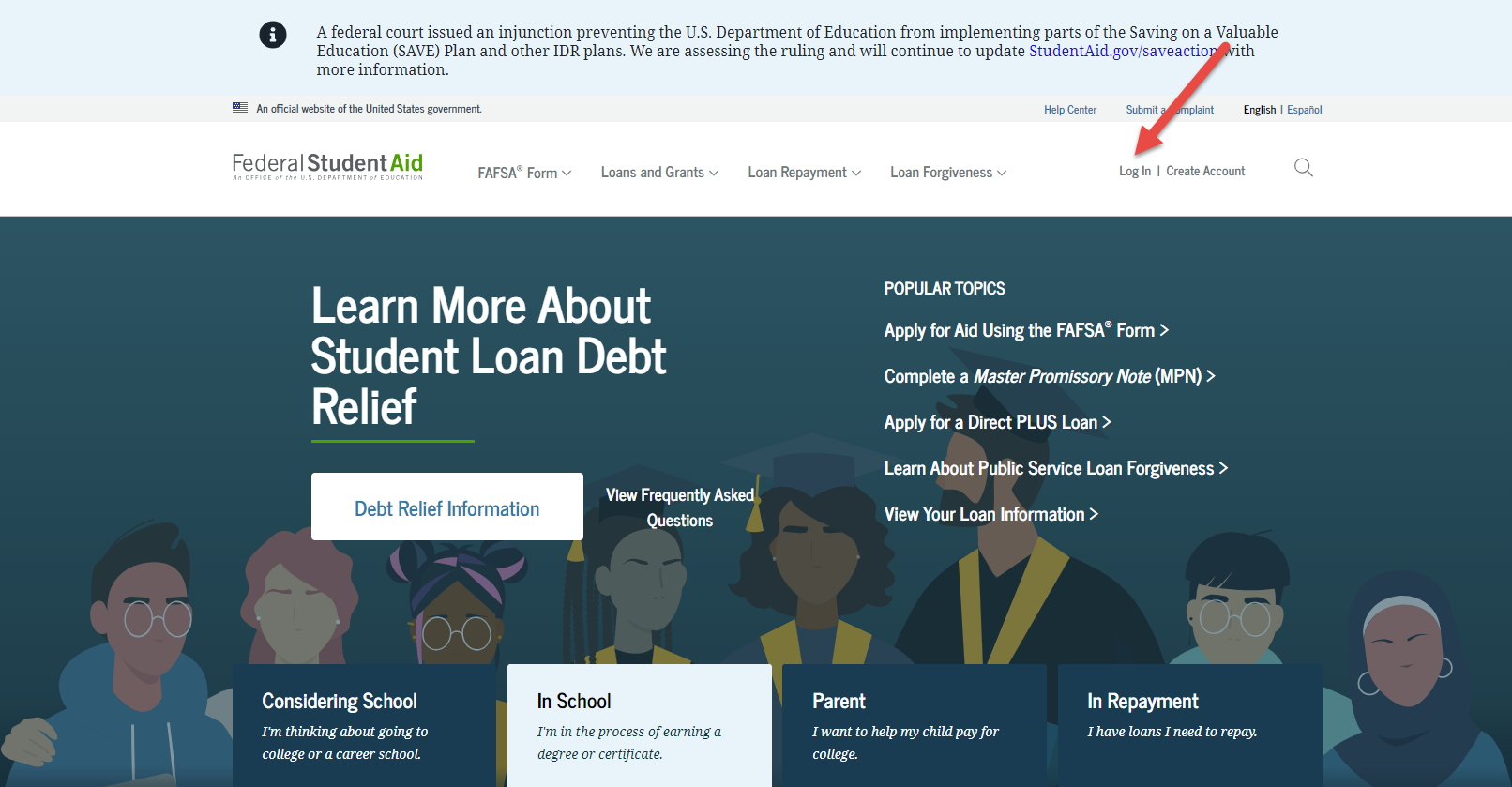 Landing page of the Federal Student Aid website with a red arrow highlighting the Log In button in the top right corner, directing users to access their accounts.