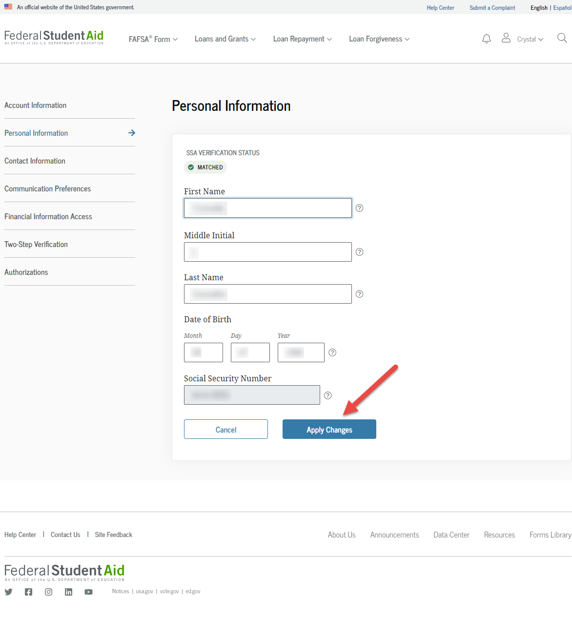 Personal information page on the Federal Student Aid website, with a red arrow pointing to the Apply Changes button, indicating where to click after making necessary corrections to update personal details.